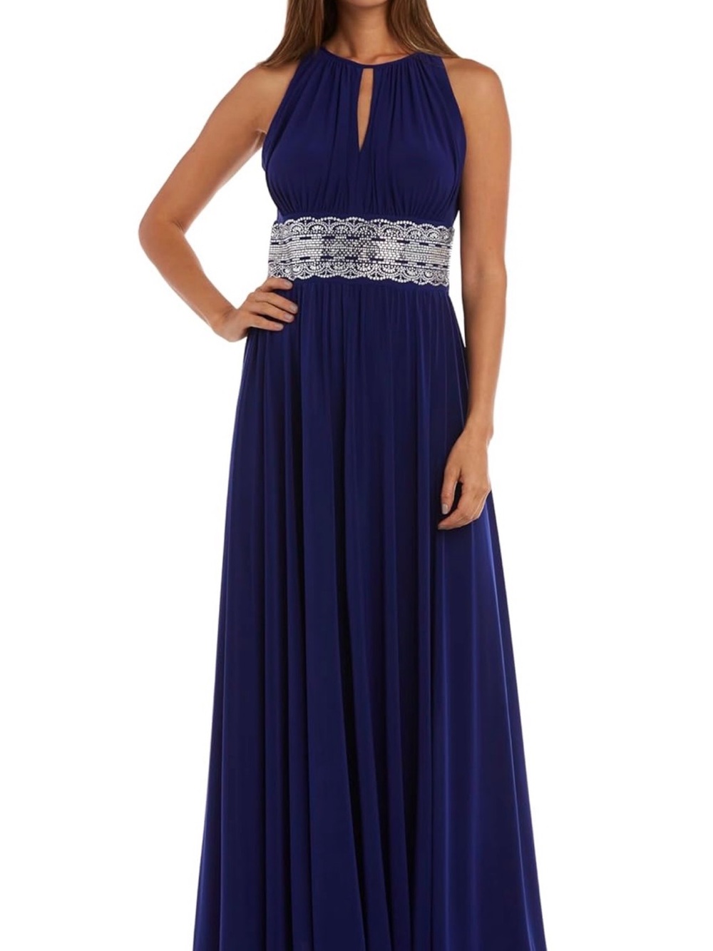 Electric Blue Beaded Waist Evening Gown by R&M Richards.